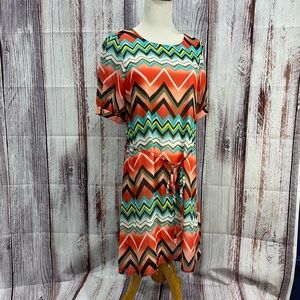 Rachel Kate Orange, Coral, Blue, Shift Dress Short Sleeve Chevron Sz S #4028